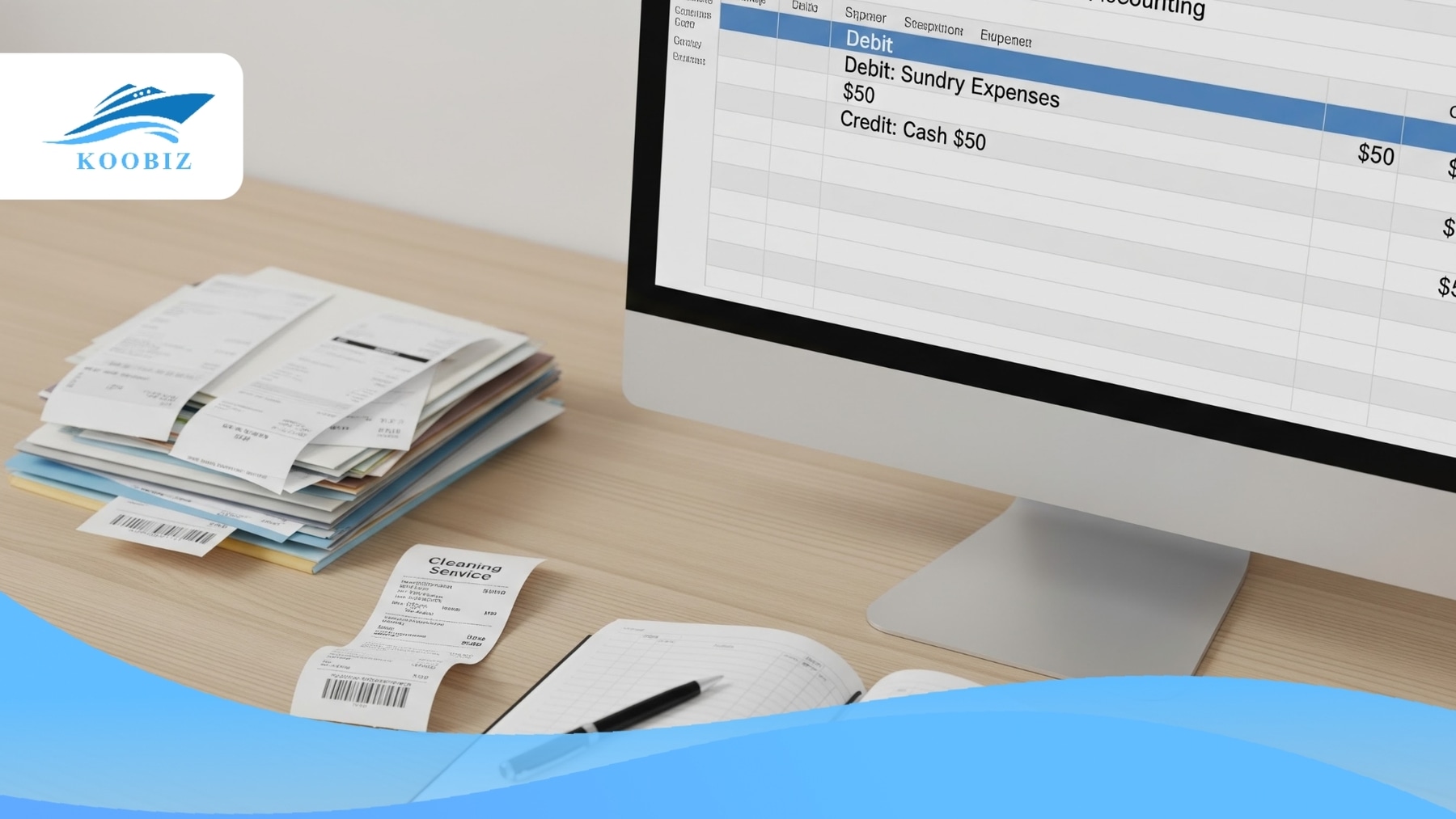 General ledger, receipts, calculator, and cash box